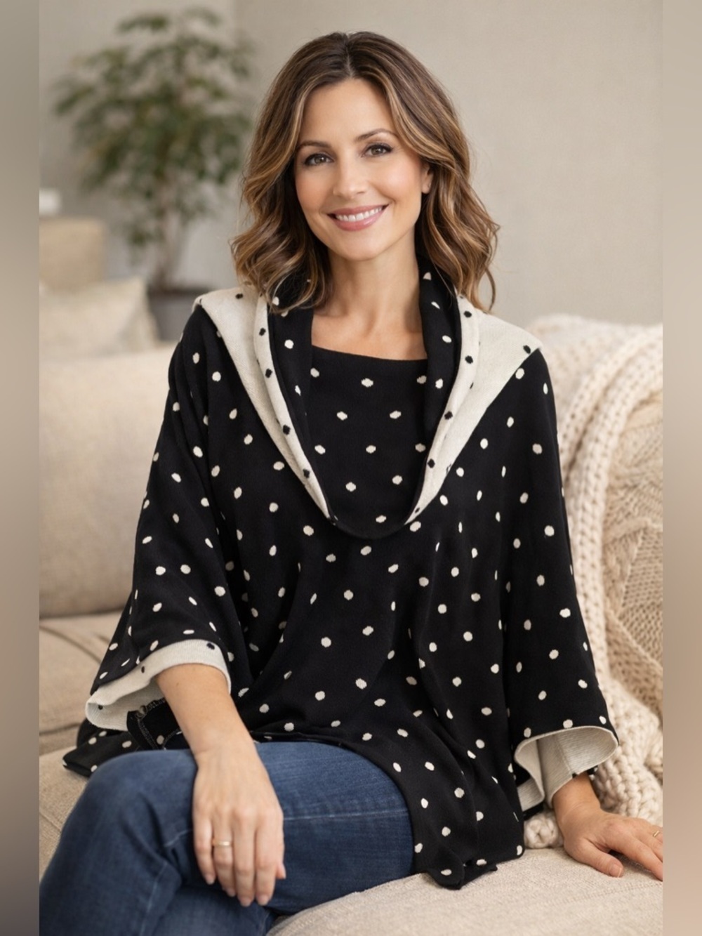 Fever L/XL Polka Dot Poncho Sweater Cowl Neck Bat Wing Knit Oversized Cozy Chic